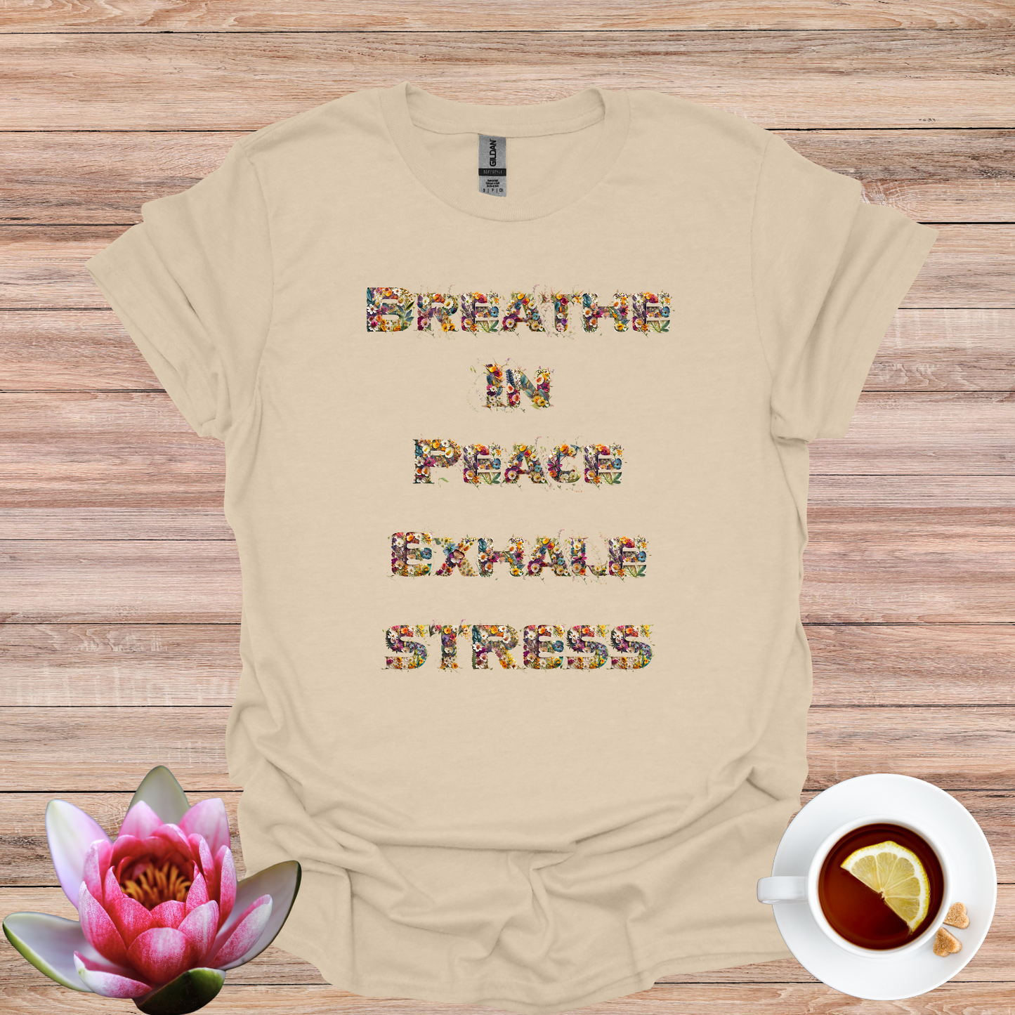 Breathe in peace, exhale stress Floral Typography Softstyle T-Shirt